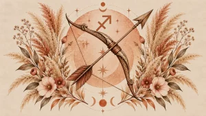 Знак Стрельца — миниатюра с луком и стрелой, строка таблицы в финансовом гороскопе на ноябрь 2026 года